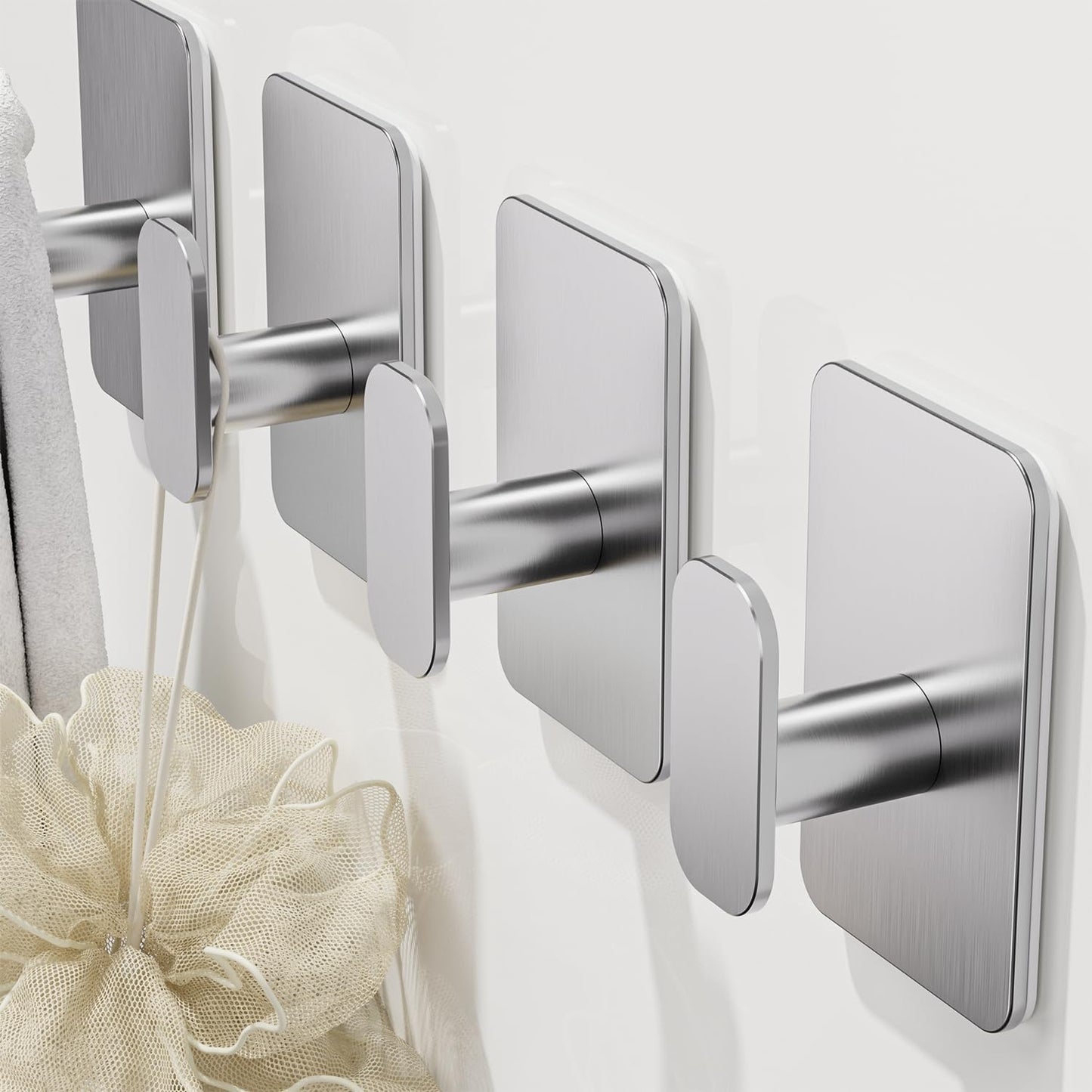 Heavy Duty Self Adhesive Hooks - 26lb Max, Sticky Wall Hooks Stainless Steel for Hanging Towel, Coat, Robe, Waterproof & Rustproof Hooks Stick on Bathroom, Shower, Kitchen(Silver, 4 Pack)