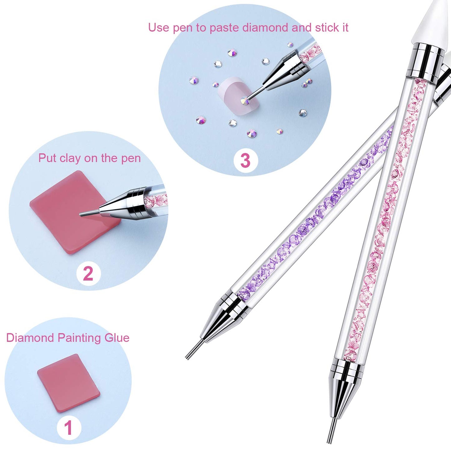 2 Pieces Rhinestone Picker Dotting Pen, Dual-ended Rhinestone Gems Crystals Studs Picker Wax Pencil Pen Crystal Beads Handle Manicure Nail Art DIY Decoration Tool (Pink Purple)