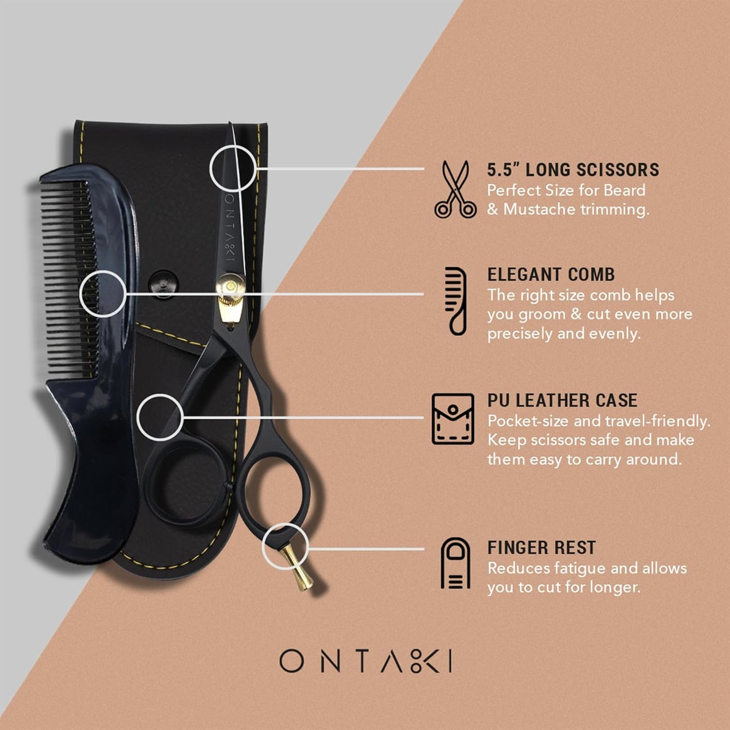 Ontaki Japanese Steel Beard Scissors for Men - 5.5" Ergonomic Black, Right-Handed - Scissors & Comb Travel Set, Beard Grooming Kit with Mustache Comb & Carry Pouch, Blunt-Tip Facial Hair Shears