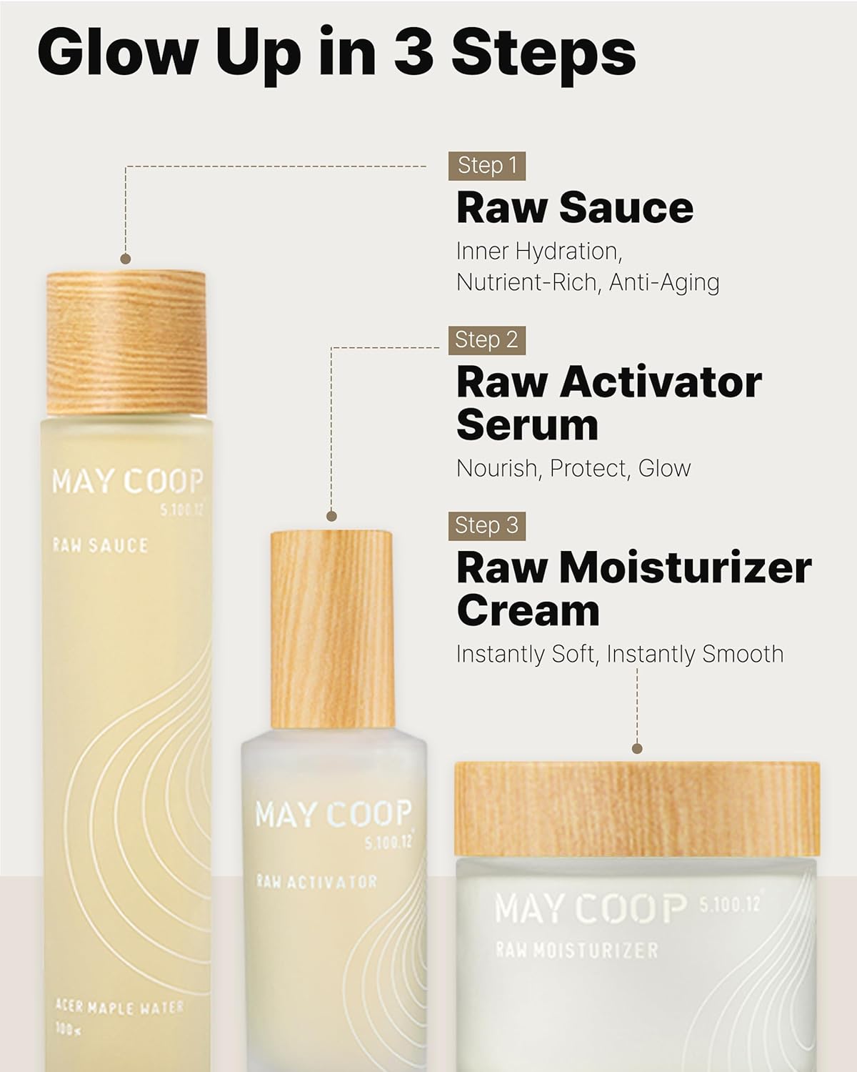 MAY COOP 3 STEP Moisturizing & Hydrating Korean Skincare Set - Essence Toner, Moisturizer Face Cream, Organic Activator Facial Serum All Skin Type