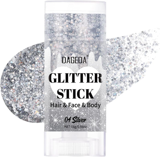 DAGEDA Silver Body Glitter Stick,Sparkly Face Glitter Makeup,Holographic Hair Glitters Mermaid Makeup Rave Outfits for Women, Shimmer Face Paint Stick Singer Concert Accessories