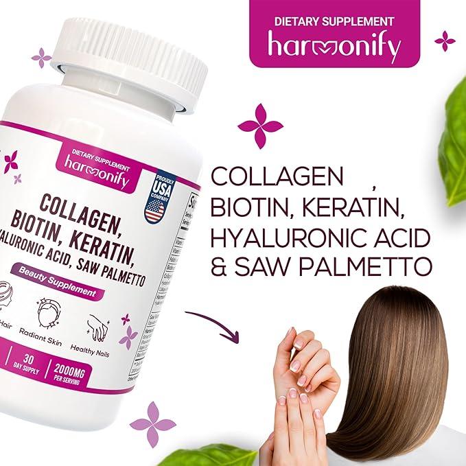 Collagen Biotin Keratin Hyaluronic Acid Complex Supplement with Vitamin E, Folic Acid, Pumpkin Seed and MSM, 60 Capsules, 1000 mg