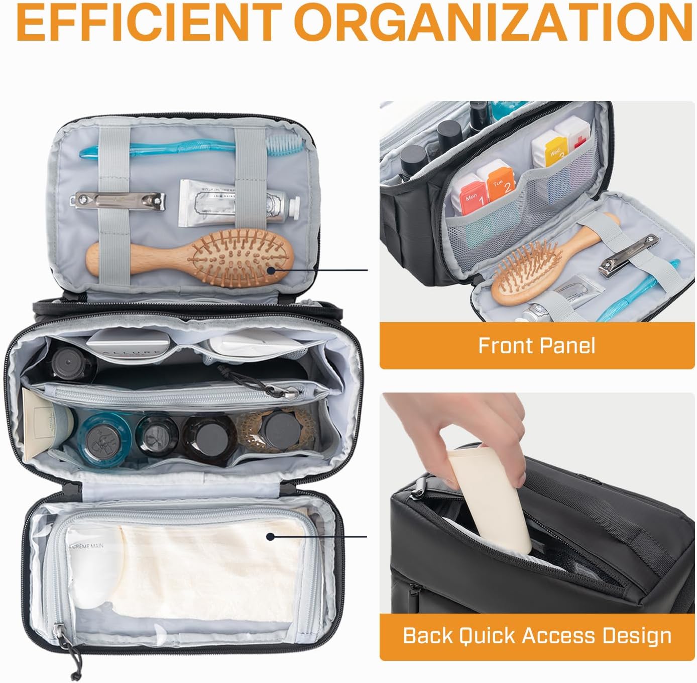 Everfun Compact Toiletry Bag for Men and Women Traveling, Wide Open Shaving Dopp Kit, Water Resistant Makeup Organizer Hygiene Bag with Wet Dry Compartment - Black, Medium