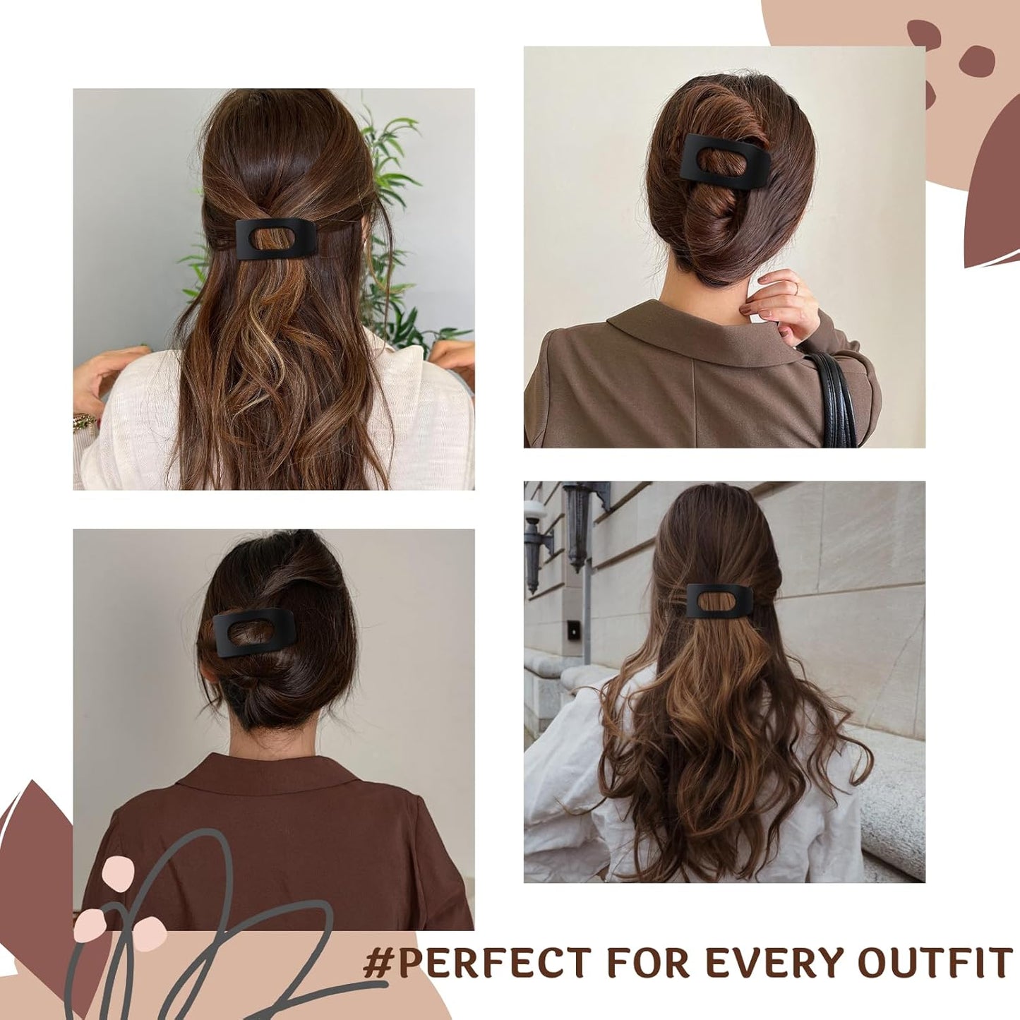 8 Pack Black Flat Hair Clips for Women – Large Matte No-Slip Rectangle Claw Clips for Thick & Thin Hair, Strong Hold Square Hair Accessories for Work & Daily Styling