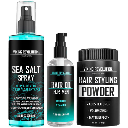 Viking Revolution Sea Salt Spray for Hair Men (8fl oz), Hydrating Hair Oil for Men with Vitamin E (3.38fl oz) and Styling Powder (1oz) - Mens Styling Texturizing Kit