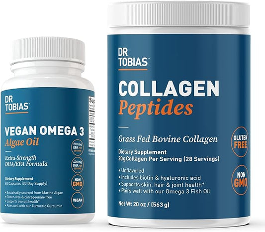Dr. Tobias Vegan Omega 3 Algae Oil and Collagen Peptides Powder, Overall Health, Gut & Immune Support Plus Beauty & Vitality Bundle, Non-GMO