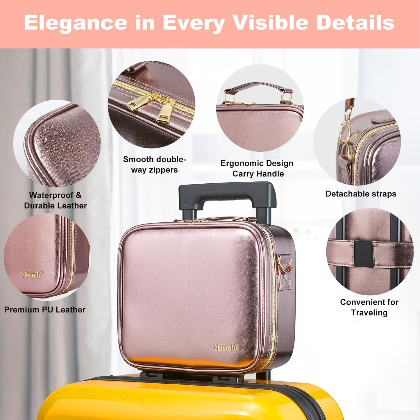 Mocado Travel Makeup Bag with LED Lighted Mirror, Travel Makeup Organizer, Makeup Case with 3 Color Lighted Setting and 10x Magnifying Mirror, Portable Storage and Adjustable Dividers (Champagne)