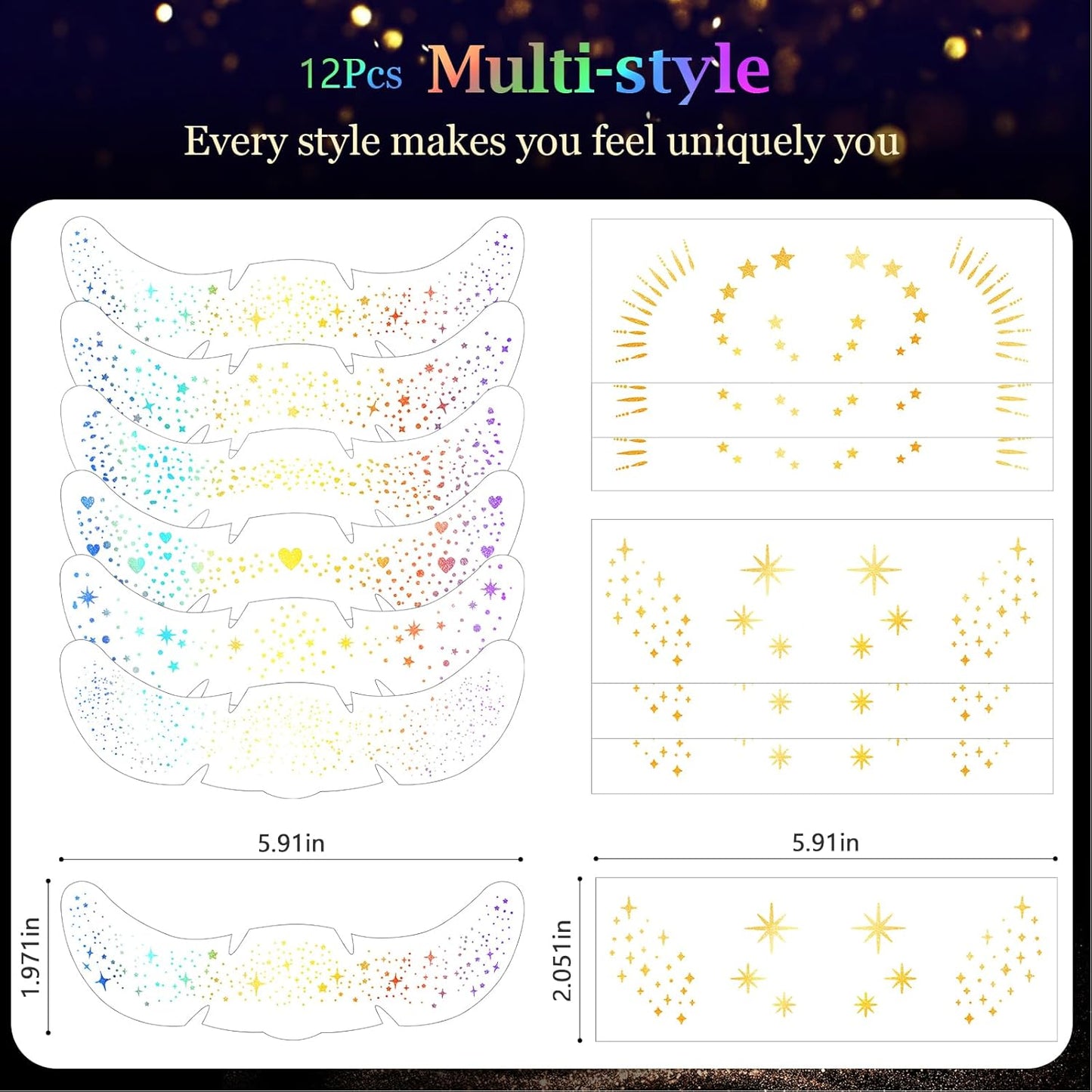 HyperFun 12Pcs Face Glitter Freckles, Face Glitter Fake Freckles Sticker, Holographic Multichrome Waterproof Sparkle Freckles Makeup Patches for Women Rave Festival Accessories Concerts Party Prom