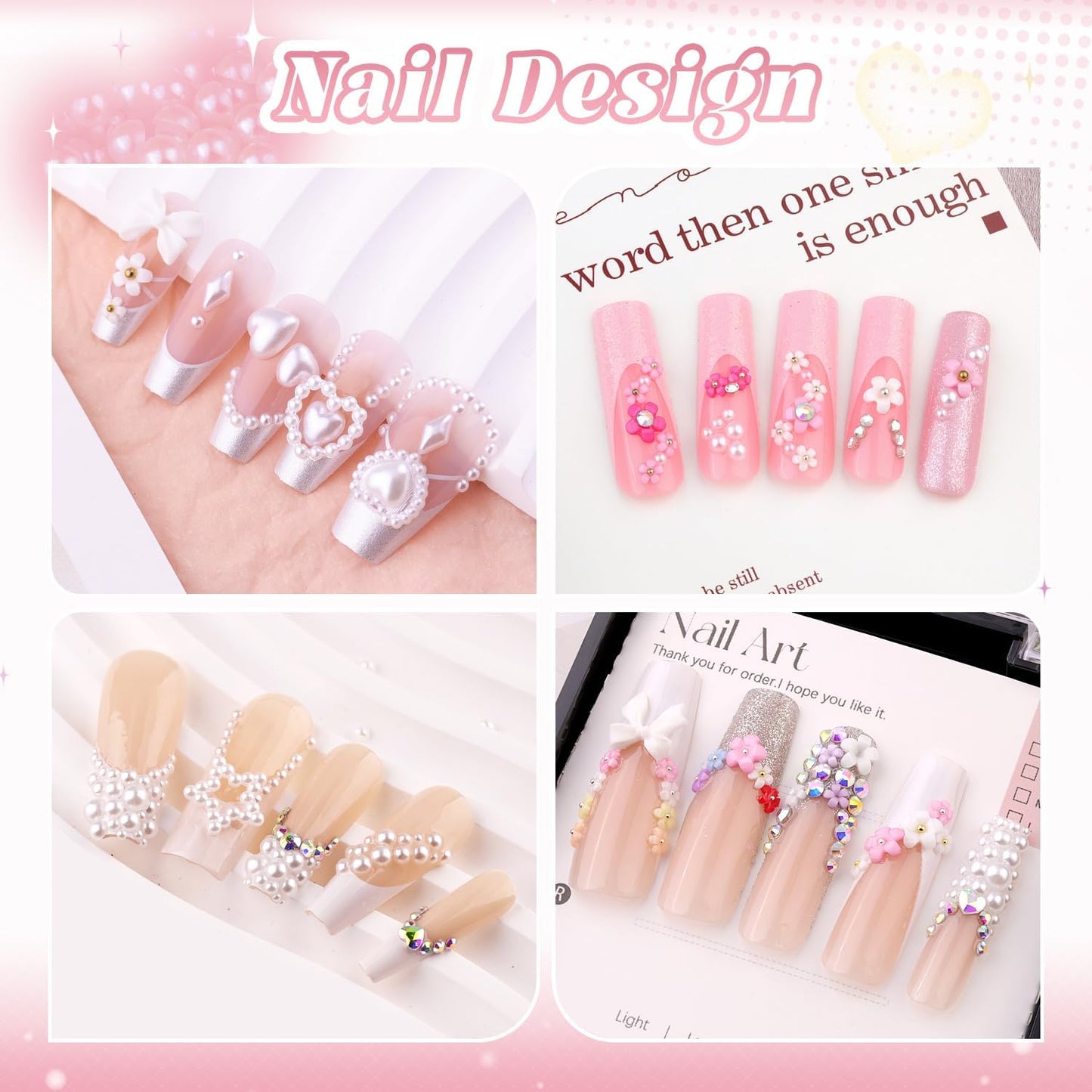 Pearls Nail Charms - White Flatback Pearls, 3D Flowers & Rhinestones Glue Gel for Nail Art