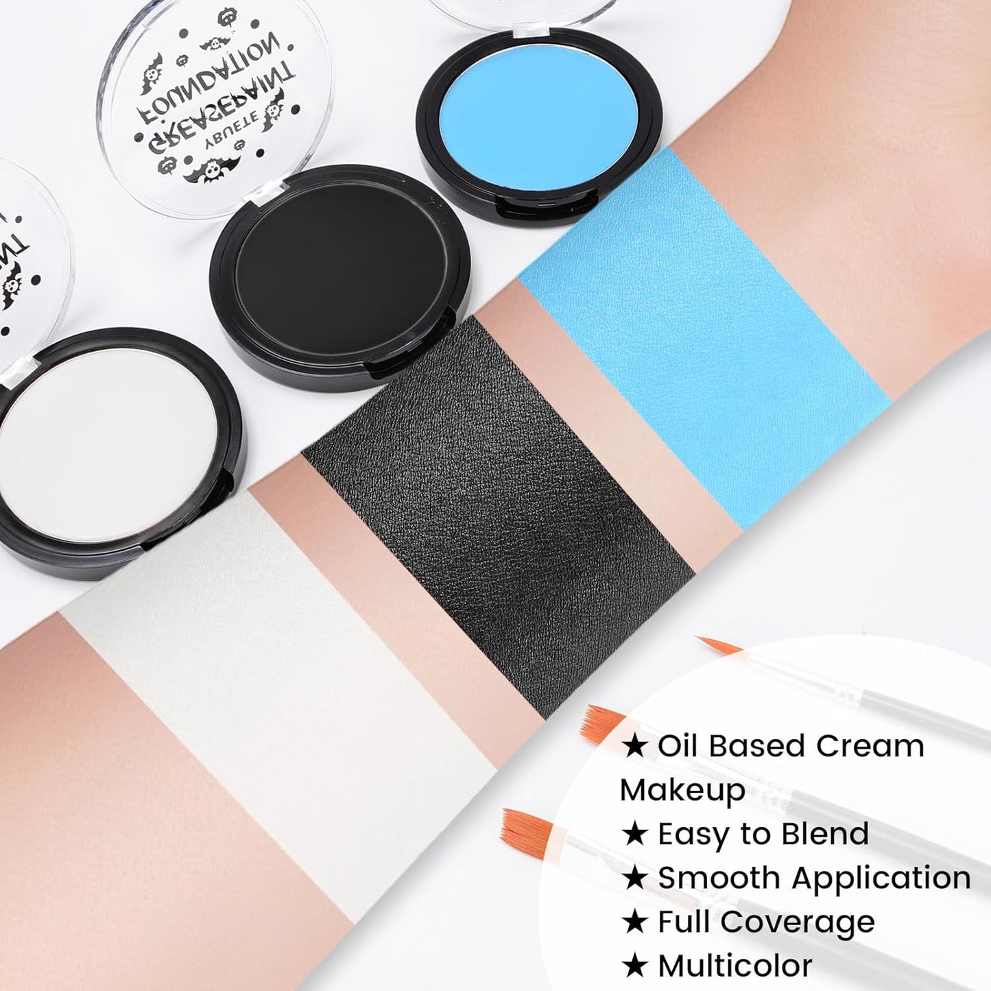 Light Blue Black White Oil Based Face Paint Kit with Painting Brushes, Professional Full Coverage Greasepaint for Adults Halloween Cosplay SFX Sally Corpse Bride Makeup Carnival Theater