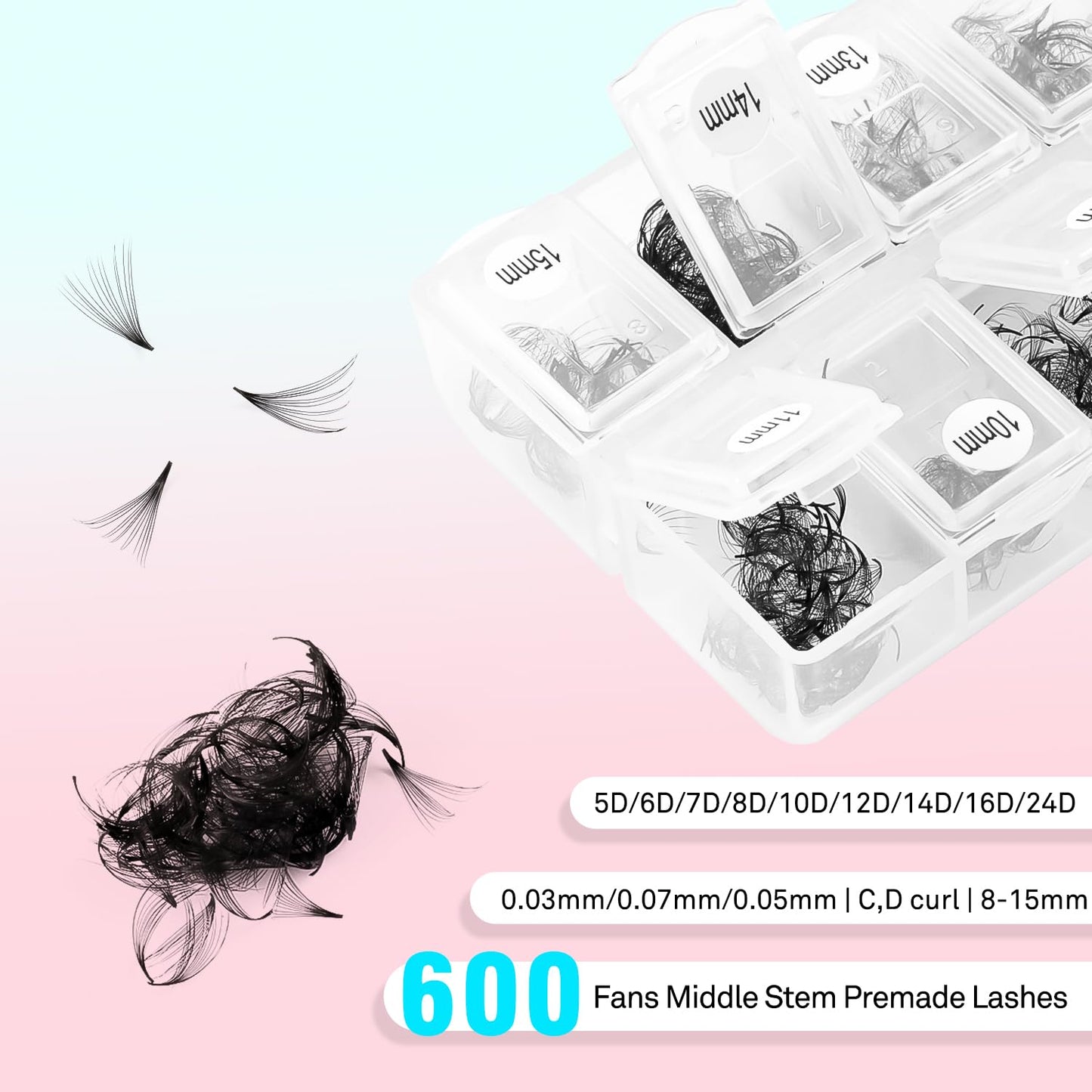VAVALASH 600 Fans Premade Fans Eyelash Extensions 5D 6D 7D 8D 10D 12D 14D 16D 24D Premade Lash Fans 8-15mm Mixed Length Promade Loose Fans Thin Base Premade Volume Lash Extension(14D-0.03-D-8-15mm)