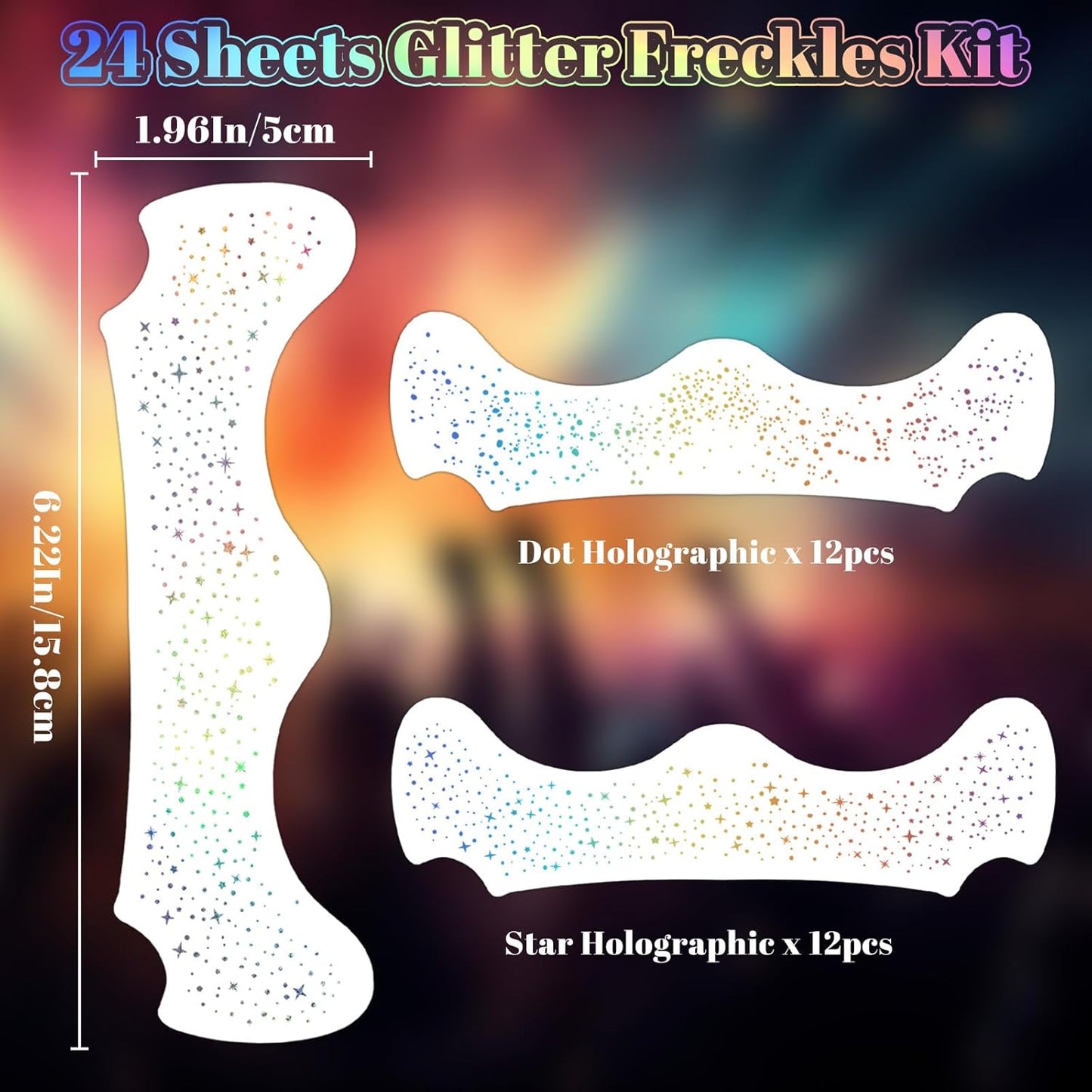 24pcs Glitter Freckles Face Tattoo - Holographic Face Sparkle Freckles Temporary Tattoos for Women Girls, Waterproof & Long Lasting Freckles Makeup Patches for Party, Concerts, Daily Accessories