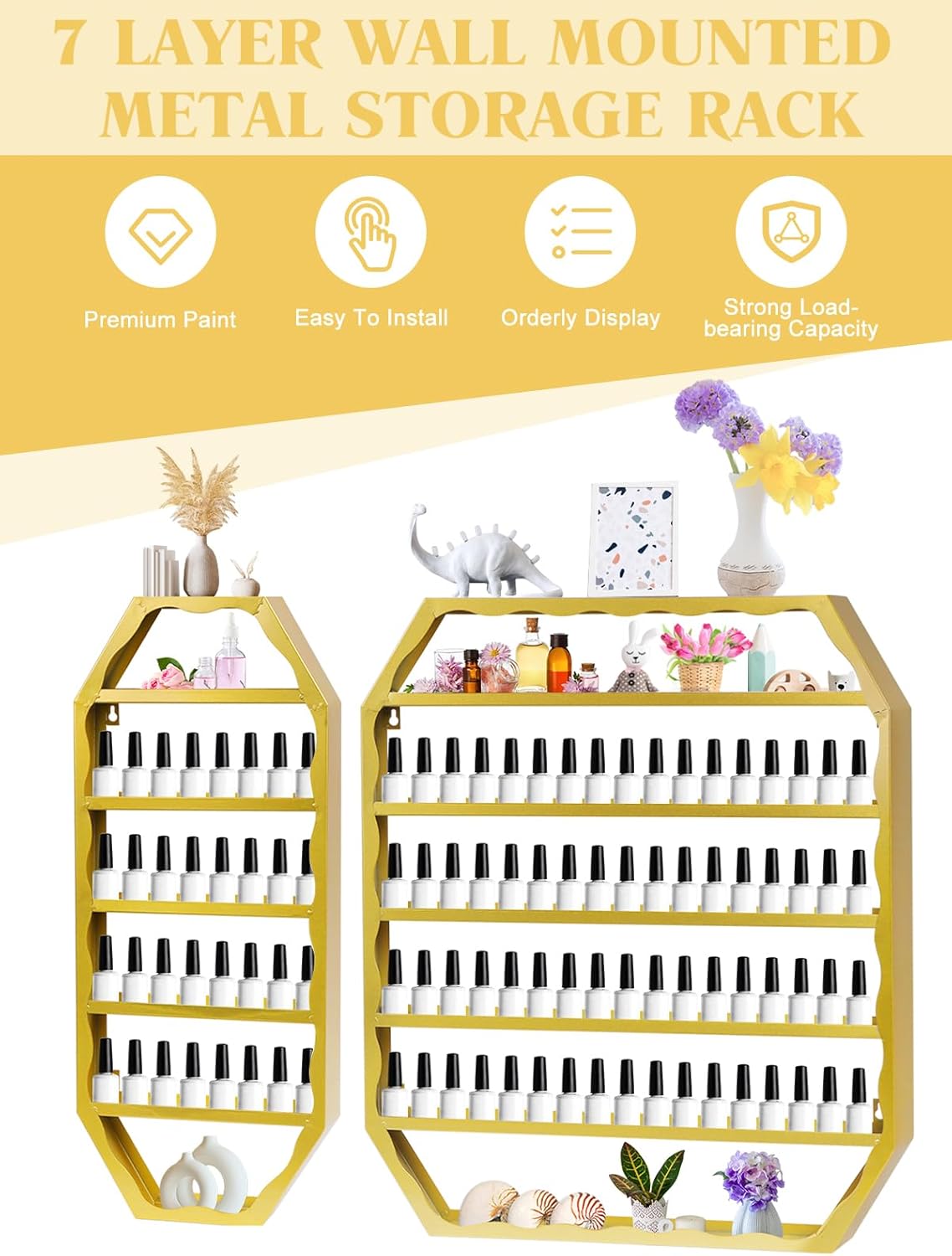 EBANKU Hexagon Nail Polish Racks Heavy Duty Nail Shelfs for Wall Gold Nail Polish Display Rack Cosmetic Display Cases Nail Bottles Organizer Wall Shelf for Home Spa Nail Salon