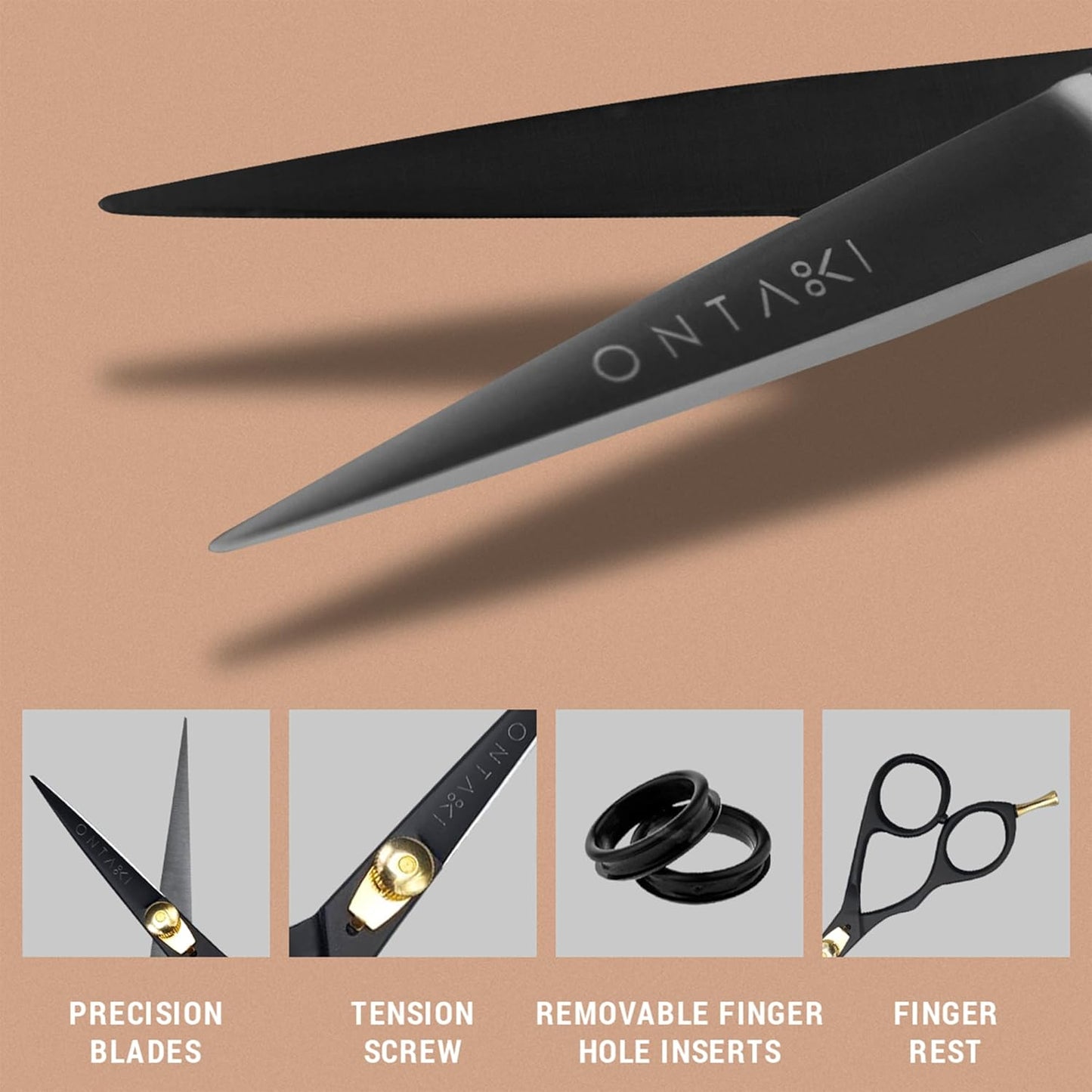 Ontaki Hair Cutting Scissors - 5.5 in, Ergonomic Black, Left Handed - 420C Japanese Steel Beard & Mustache Scissors with Mustache Comb & Pouch & Barber Shears