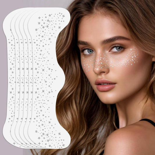 MEICOLY Silver Face Glitter,Glitter Freckles Face Tattoo for Women and Kids,Sparkle Makeup Patches,Sparkle Freckles Speckles Patches,Silver Glitter Freckles,6 Count