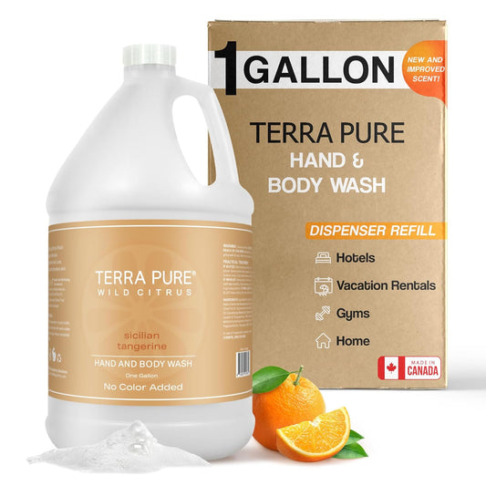 Terra Pure Wild Citrus Gallon Hand & Body Wash – Refill Jug for Hotels, Vacation Rentals, Guest Homes, Spas, Gyms | Bulk Liquid Soap Toiletries | No Color Added | For Sensitive Skin & Daily Use