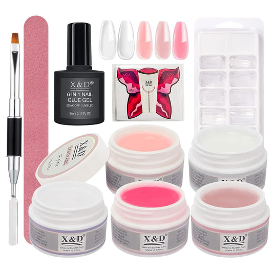 X&D Poly Gel Nail Kit 5 Colors Natural Clear Poly Nail Gel Kit Nail Extension Builder Nail Gel with Nail Glue Gel,Dual Forms, Nail Forms, Brush, File Set