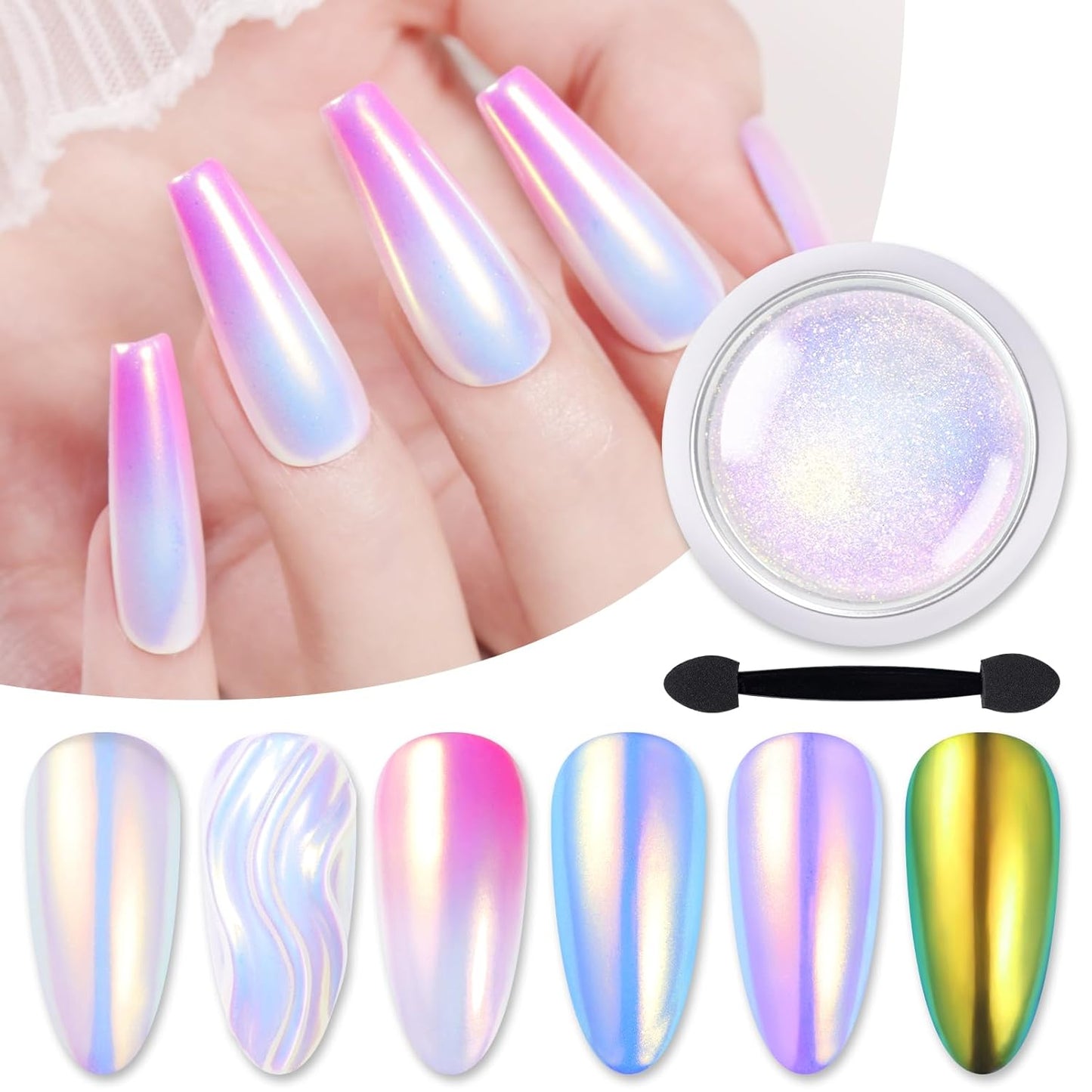 Born Pretty Chrome Nail Powder Auroras Nail Powder Mermaid Pearl Powder Glitter Dust Kit for Gel Polish Nail Art Decoration
