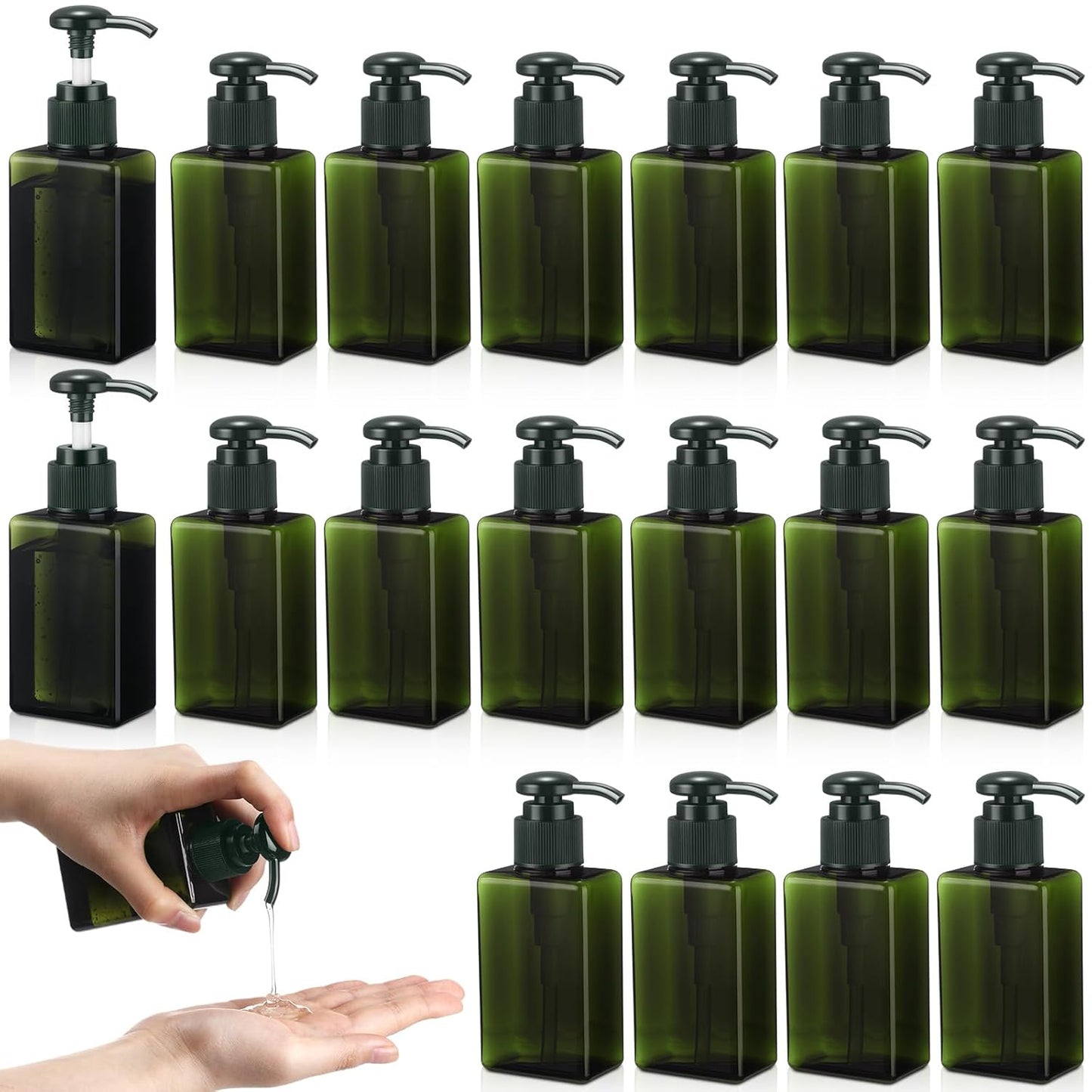 Domensi 24 Pcs 100ml /3.4 oz Pump Bottle Mini Travel Bottles Small Dispenser Containers Plastic Pump Lotion Dispenser Empty Square Travel Size Containers Toiletries (Dark Green)