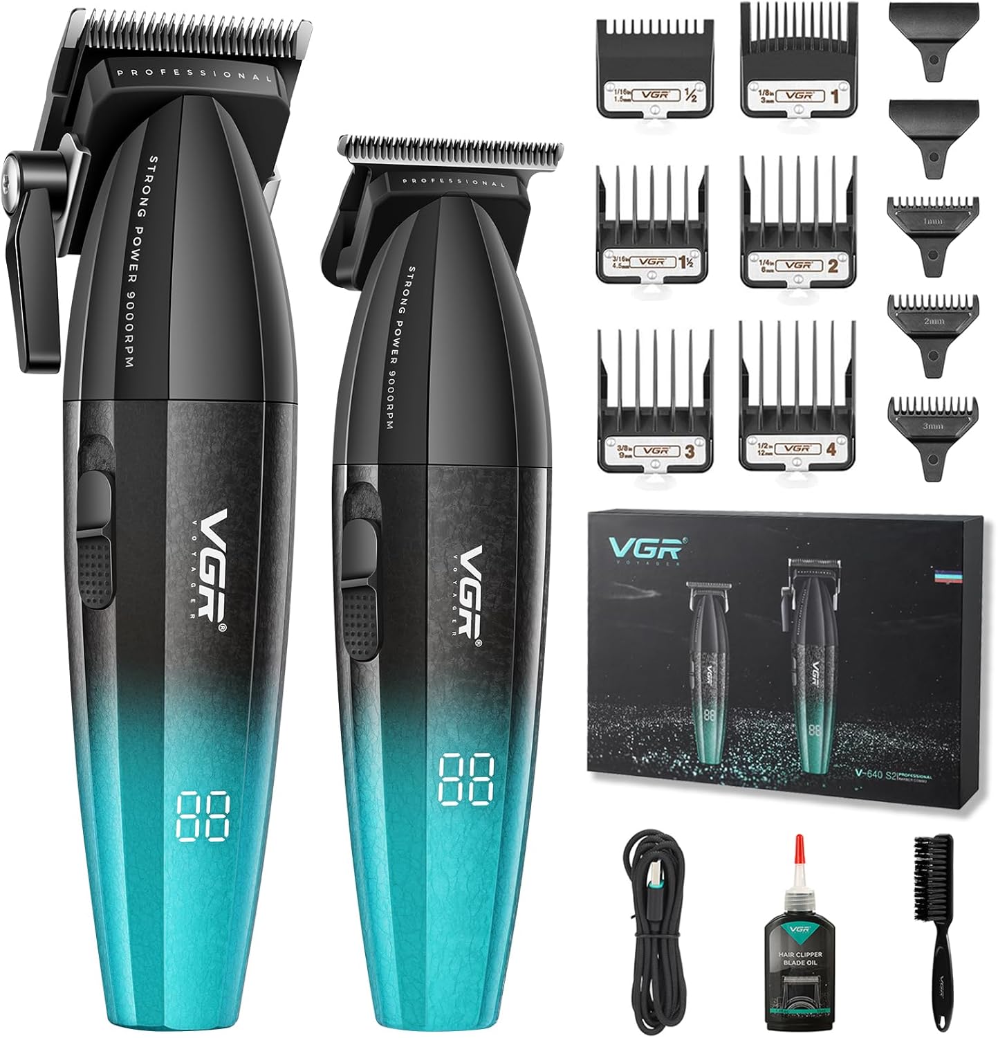 VGR 640S2 Professional Hair Clippers for Men, 9000RPM Cordless Barber Clippers and Trimmers Set, Zero Gap T-Blade Hair Cutting Kit, DLC Coated Ceramic Blade Barber Kit with LED Display(Green)