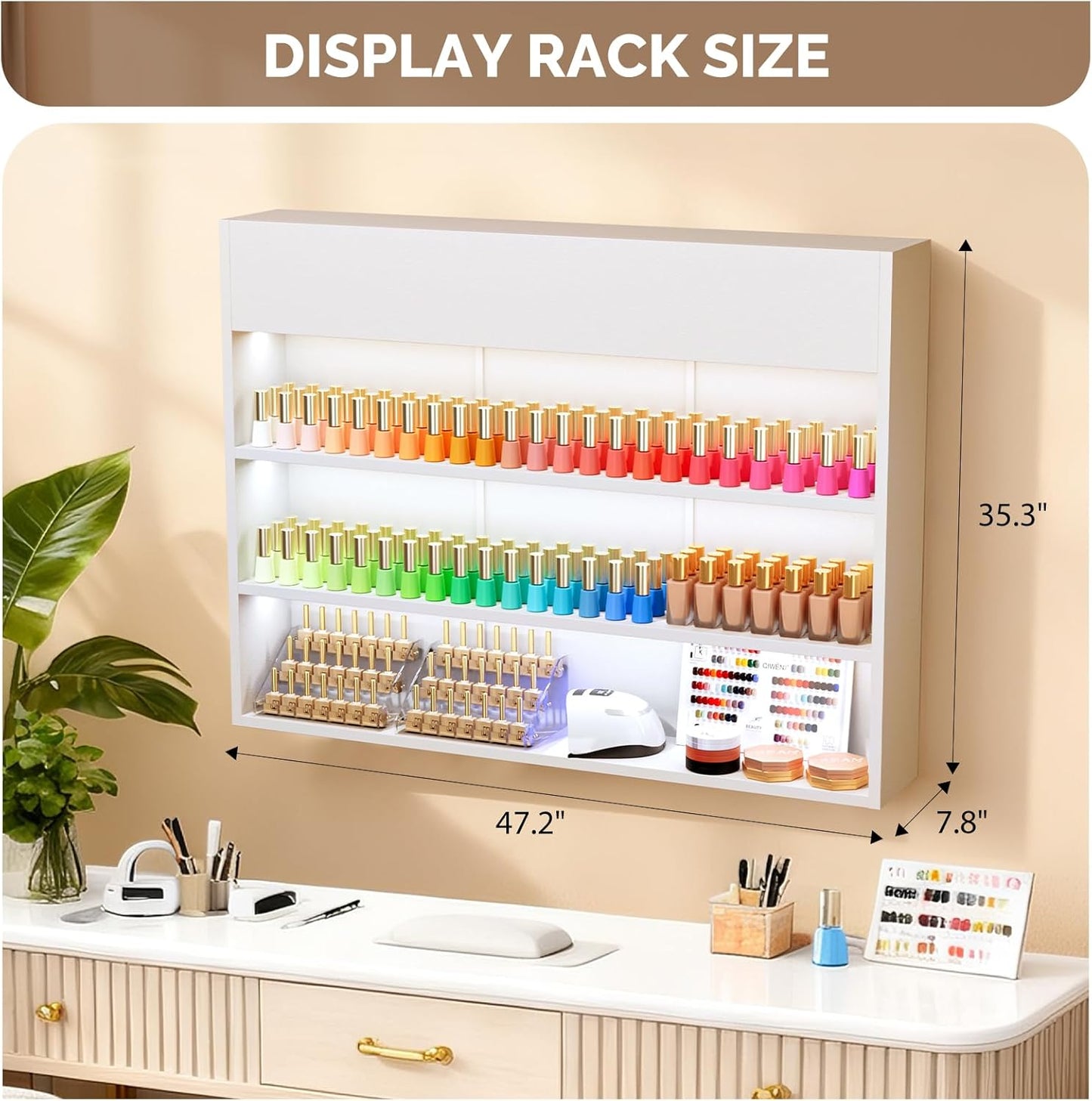 OmySalon Wall Mounted Display Rack, 47.6-Inch 3-Tier LED Nail Polish Organizer Shelf with USB Touch Control, for Nail Salon, Spa, Beauty Studio Storage, Wooden Retail Display (White)