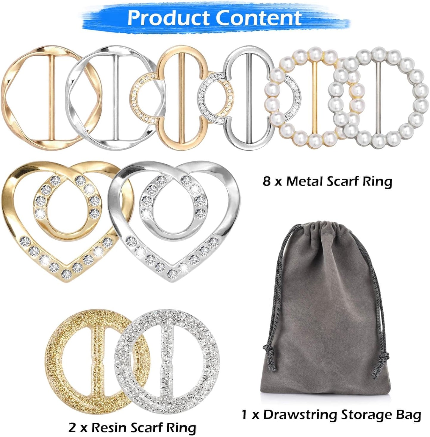 10 PCS Scarf Rings for Women, T-Shirt Tie Clips with 1 Storage Bag, Pearl Belt Buckles, Dress Cinch Clip, Silk Scarf Ring, Pearl/Heart-Shaped Buckles For Clothes Hat Belt Decor
