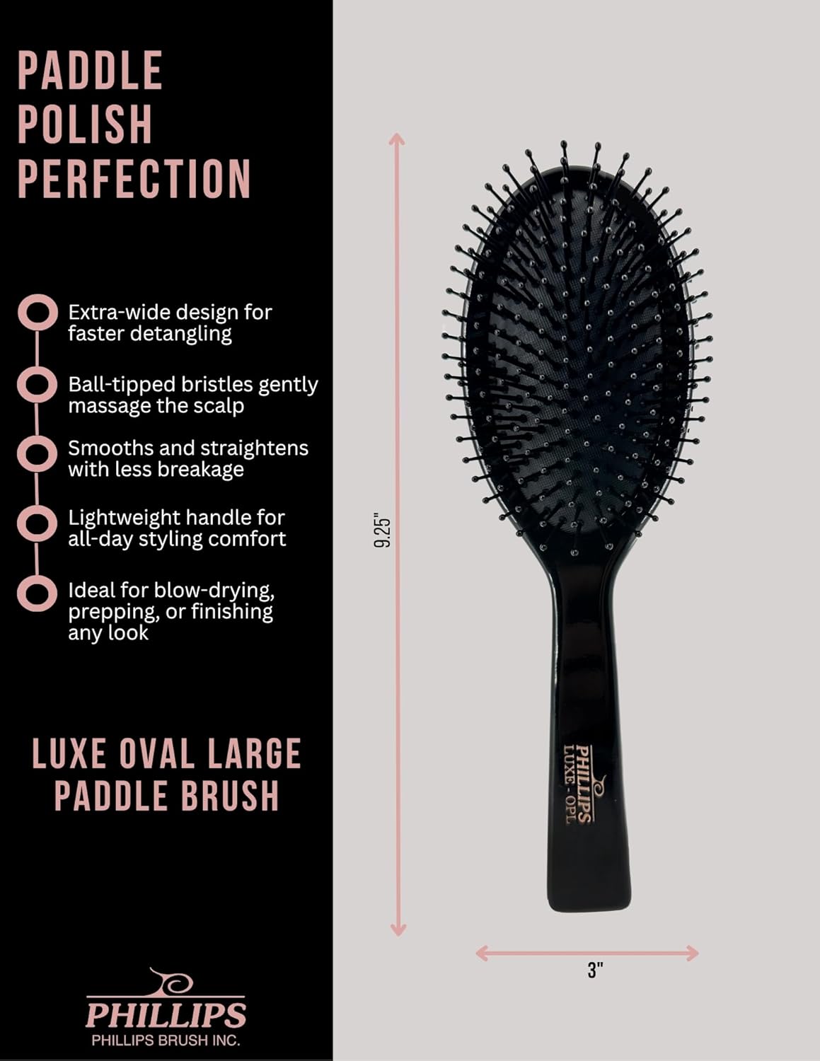 Phillips Brush Luxe Oval Paddle Hair Brush, Sleek Black Color with Gold Accents – 9.25 inch Detangler Paddle Brush from the Luxe Series by Phillips Brush