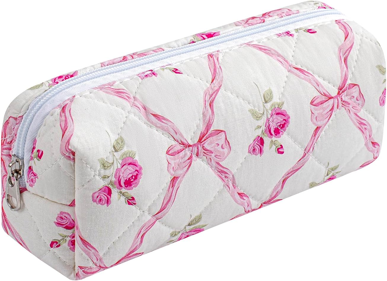 Cute Floral Cotton Makeup Brush Cosmetic Bag for Women, Travel Quilted Zipper Make Up Bag, Flowers Toiletry Organizer Case Kawaii Makeup Cosmetic Travel Cloth Pouch (Pink Bowknot)