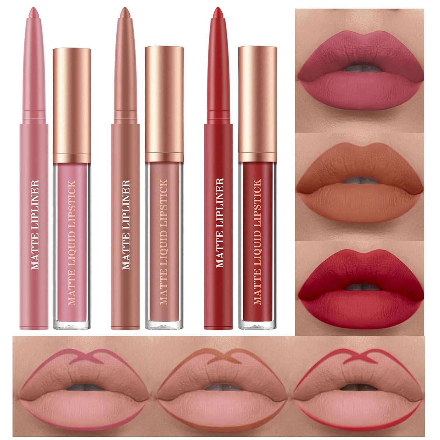 BestLand 6Pcs Matte Liquid Lipstick and Lip Liner Set, Non-Stick Cup Not Fade Waterproof 24 Hour Lip Gloss Nude Brown Lip Liner Pencil for Women, labiales mate 24 horas originales (Set F)