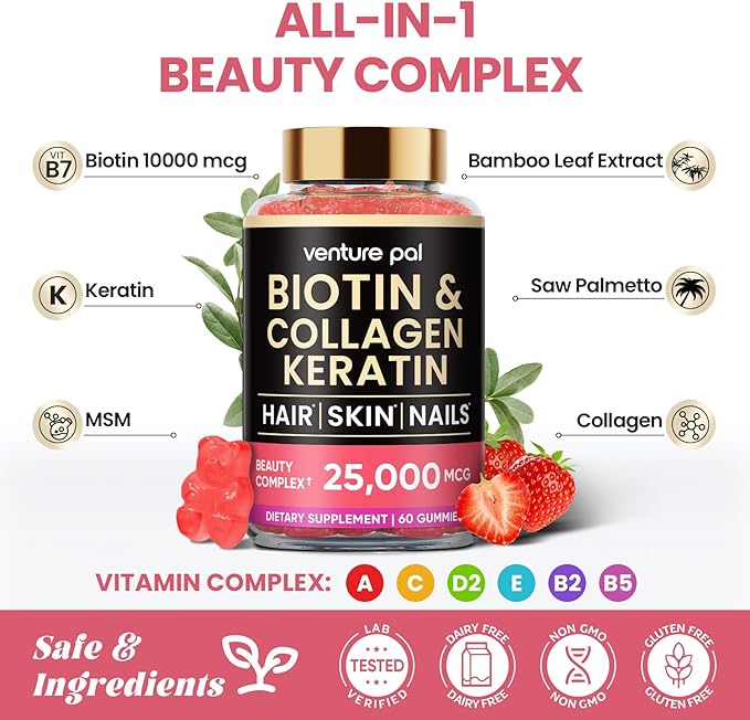 Venture Pal Biotin Gummies with Collagen & Keratin - Hair Growth Support Skin and Nail Strength Vitamins for Women & Men - Biotin 10000mcg | B-Complex | Saw Palmetto - Sugar Free, Non-GMO, 60ct