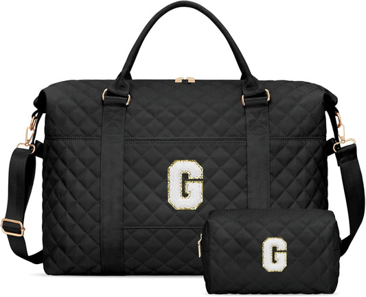Gifts for Teen Girl, Initial Travel Duffle Bag, Personalized Women Weekender Overnight Bags, Gift for Daughter Kid Girl Wife Friend（Black,G)