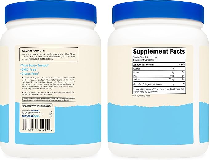 Nutricost Grass-Fed Collagen Powder 1LB (454 G) - Bovine Collagen Hydrolysate (Unflavored) - Collagen Peptides