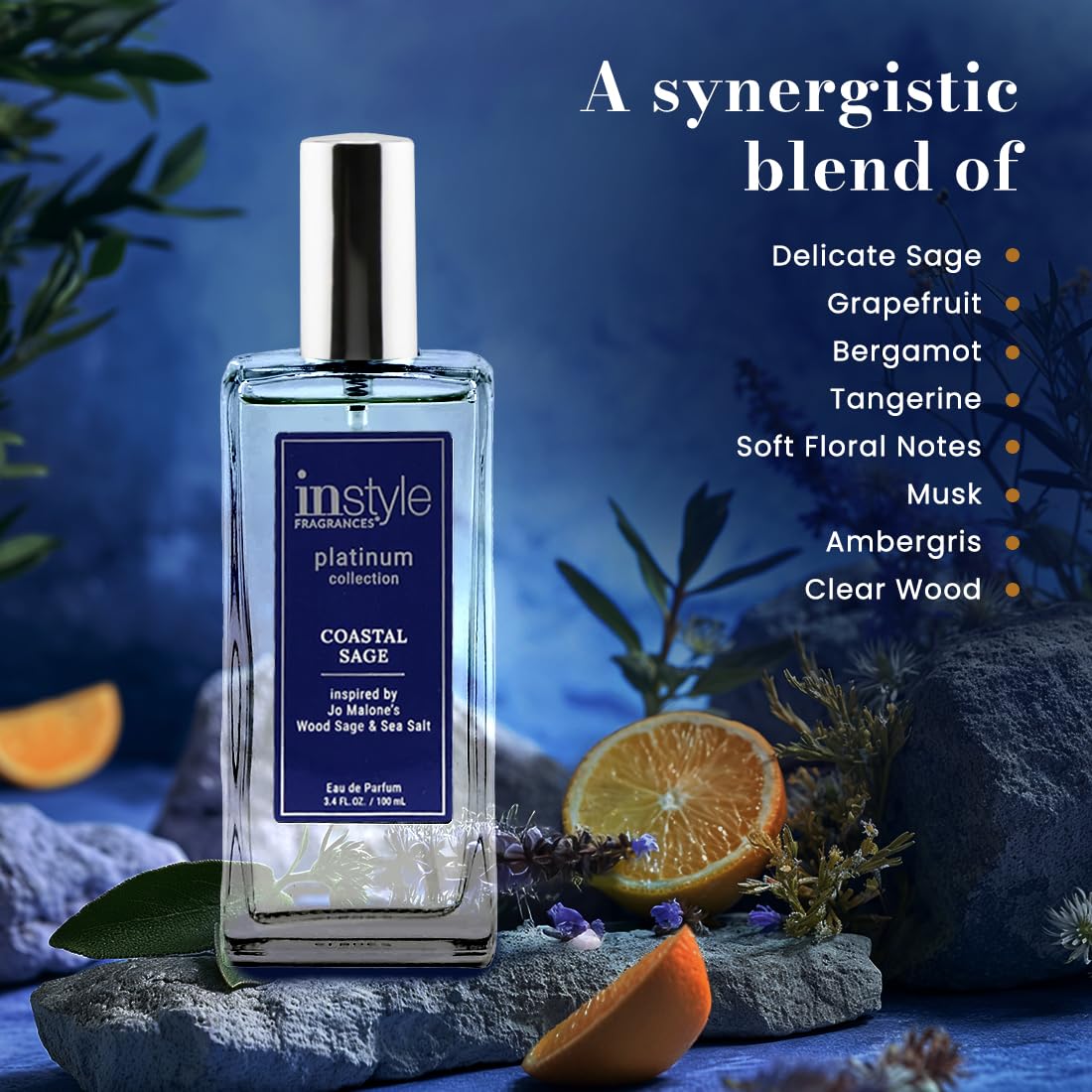 Instyle Fragrances, Platinum Collection, Coastal Sage, Inspired by Jo Malone’s Wood Sage & Sea Salt, Unisex Eau de Parfum, CLEAN, Vegan, Paraben-Free, Never Tested on Animals, 3.4 Fluid Ounces