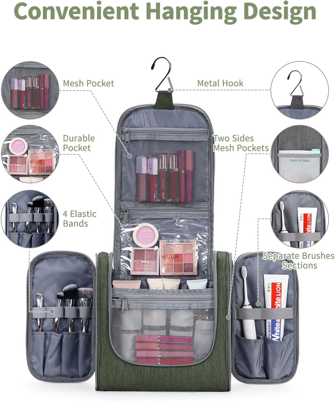 Narwey Hanging Toiletry Bag for Women Travel Makeup Bag Organizer Toiletries Bag Men for Cosmetics Essentials Accessories (Large, Army Green)