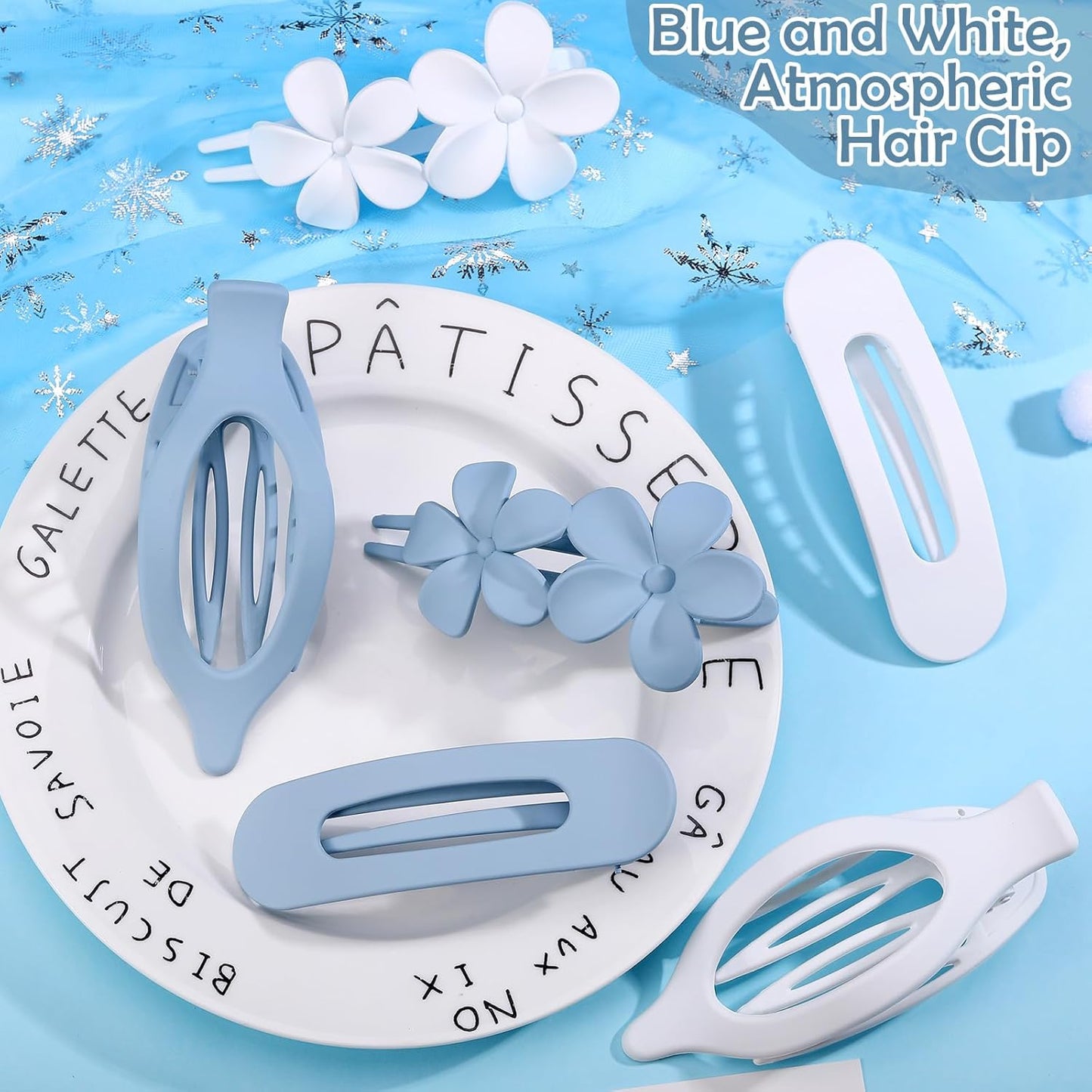 10 Pcs French Flat Hair Clips for Women, 3 Styles Blue Flat Claw Clips Strong Hold No Slip Matte Hair Claw Clips for Thin Thick Hair