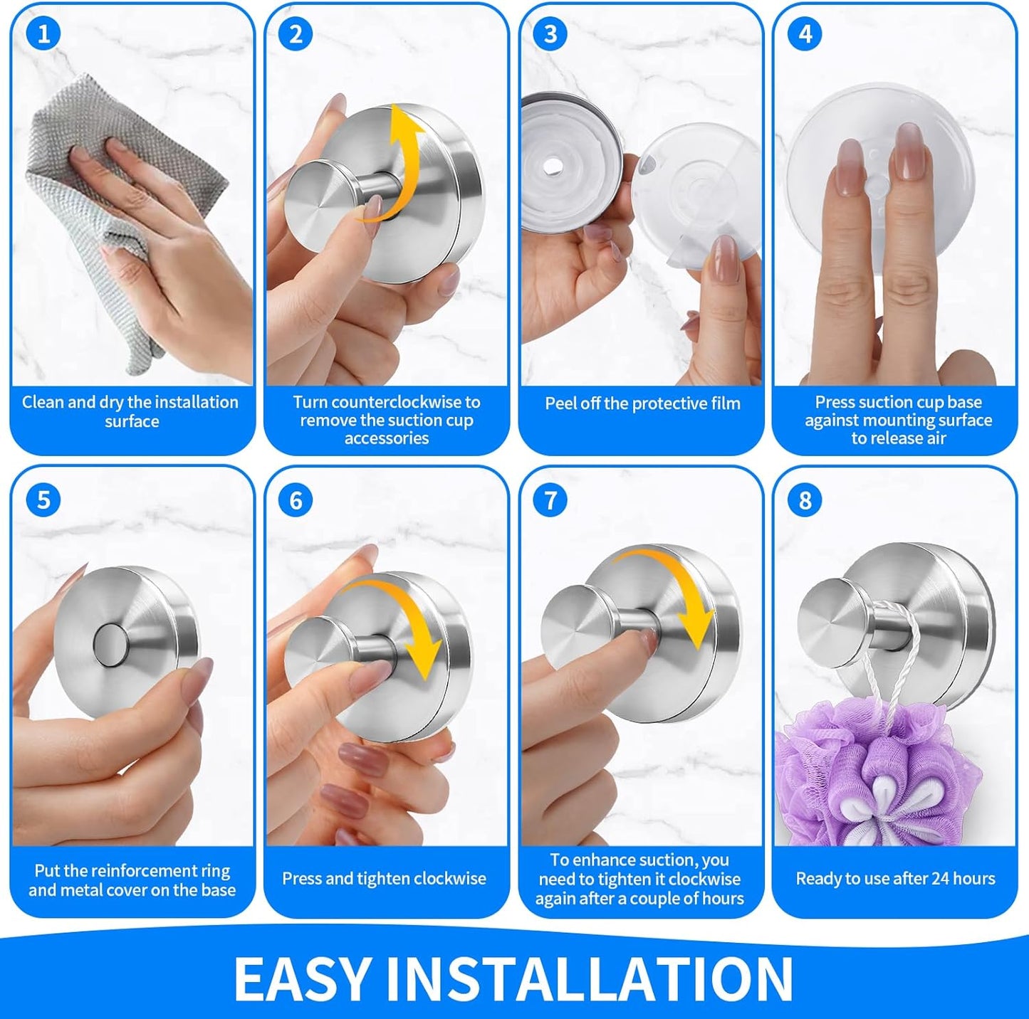 Suction Cup Hooks for Shower No Drill - Heavy Duty Stainless Steel Bathroom Hooks, Wall Mounted for Towels, Robes, Loofah - Works on Tile, Glass, Mirror, Kitchen (Silver, 4 Pack)