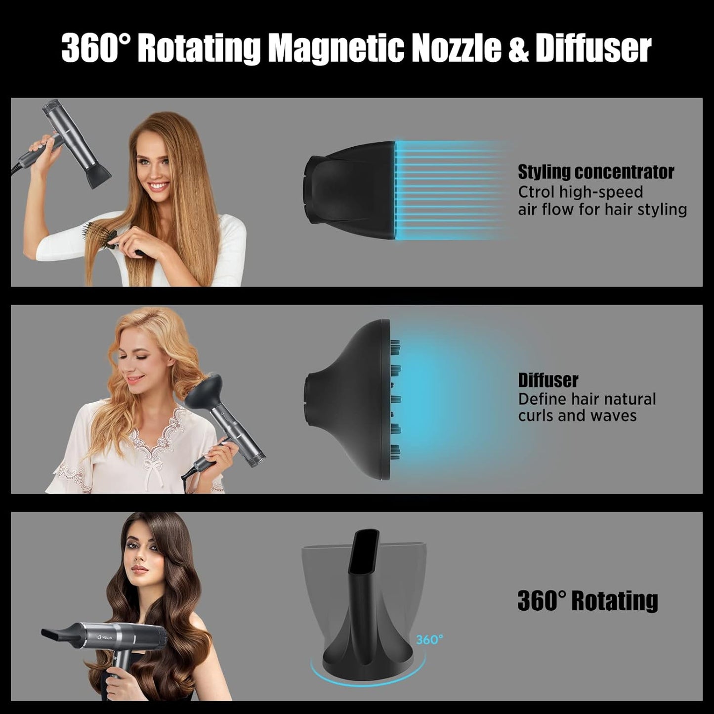 Blow Dryer with Diffuser, IG INGLAM Professional Hair Dryer 110,000RPM Brushless Motor High Speed Low Noise, 3 Heat Settings & 3 Speed & Cold Settings, Powerful Ionic Hair Dryer for Salon Travel Gift