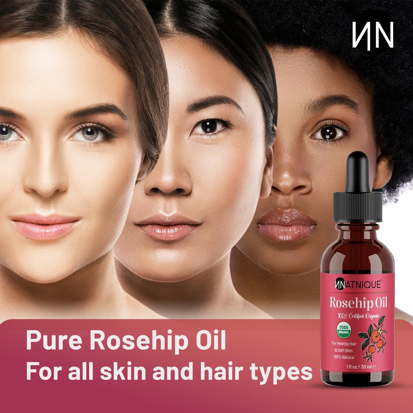 Natnique Organic Rosehip Seed Oil, 1 oz – USDA Certified Cold-Pressed Moisturizer for Face, Skin & Hair – Natural Hydrating Serum for Wrinkles & Fine Lines – Ideal for Gua Sha Massage & Radiant Glow