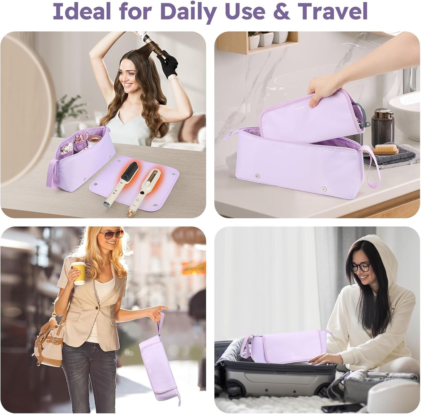 MOKURA Hot Hair Tools Travel Bag with Heat Resistant Mat Removable, Hair Accessories Organizer Case, Women Travel Essentials, Storage Pouch for Curling Iron Straightener Flat Iron Hair Dryer, Purple