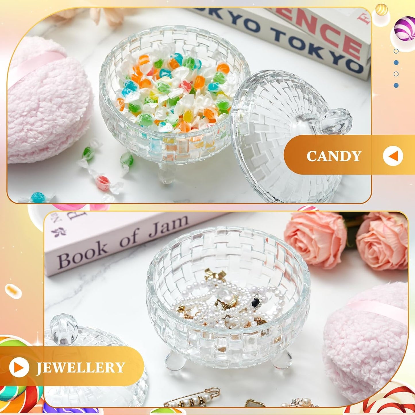 Tioncy 2 Pcs Extra Large Dusting Powder Puff and Container 6'' Body Powder Puff and Crystal Container for Women Soft Washable Reusable Velour Face(Clear)