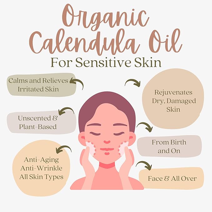 Organic Calendula Oil For Sensitive Skin - 2 Fl Oz Pump Top - USDA Certified 100% All Natural Plant Based, Lightweight & Unscented Gentle Soothing Oil For Sensitive Skin - For Face, Skin & All Over