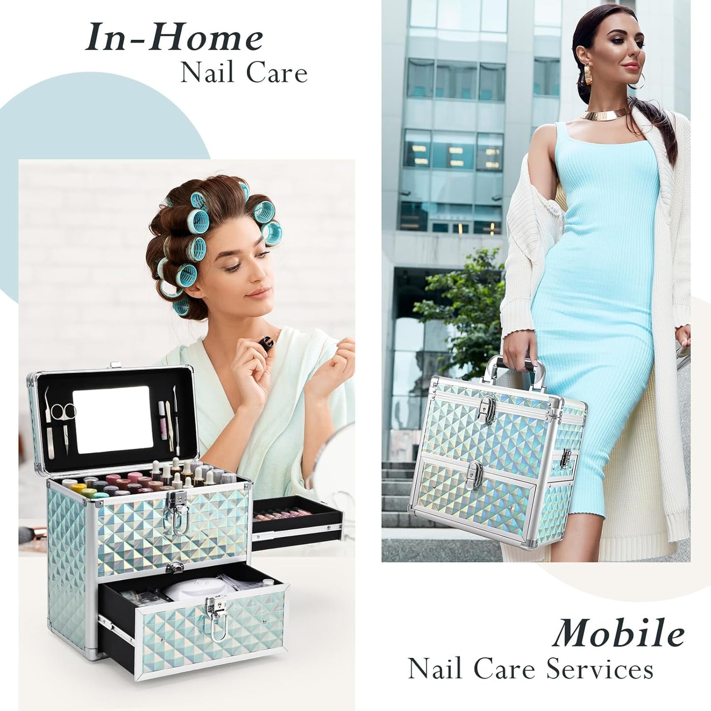 FRENESSA Extra Large Makeup Organizer with Drawer, Mirror, Dividers, Travel Nail Art Case - Watery Blue