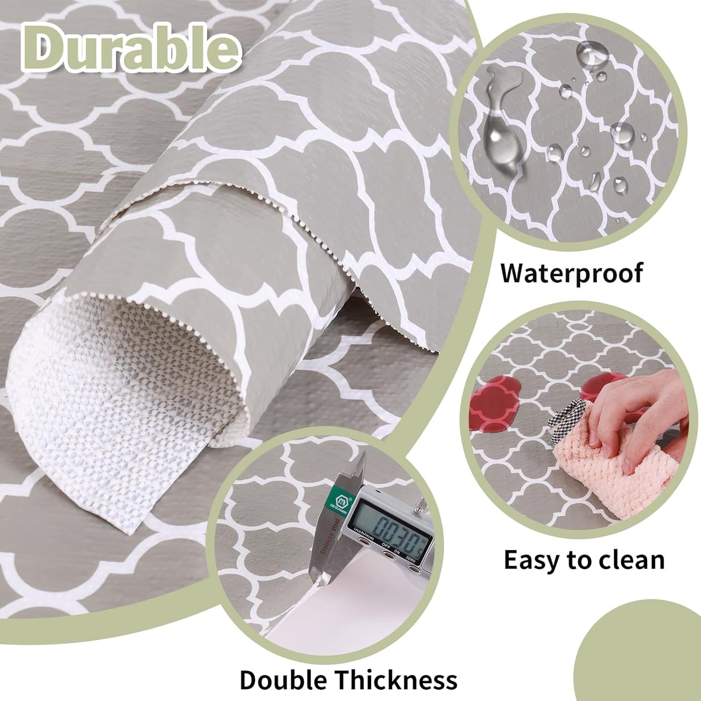 Drawer and Shelf Liner for Kitchen Cabinet: 17 in X 20 Ft Non Slip Waterproof Shelf Paper Non Adhesive Refrigerator Liners Gray Quatrefoil Easy Liners for Bathroom Cupboard with Knife Tape Measure