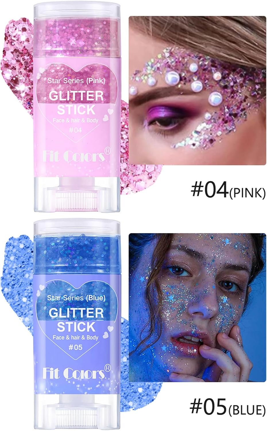 2 Pcs Silver Body Glitter Stick, Mermaid Glitter Gel Long Lasting Shimmer Hair Eyeshadow Face Body Glitter Concerts Music Festivals Halloween Party Looks Sparkle Makeup for Women and Kids (Pink/Blue)