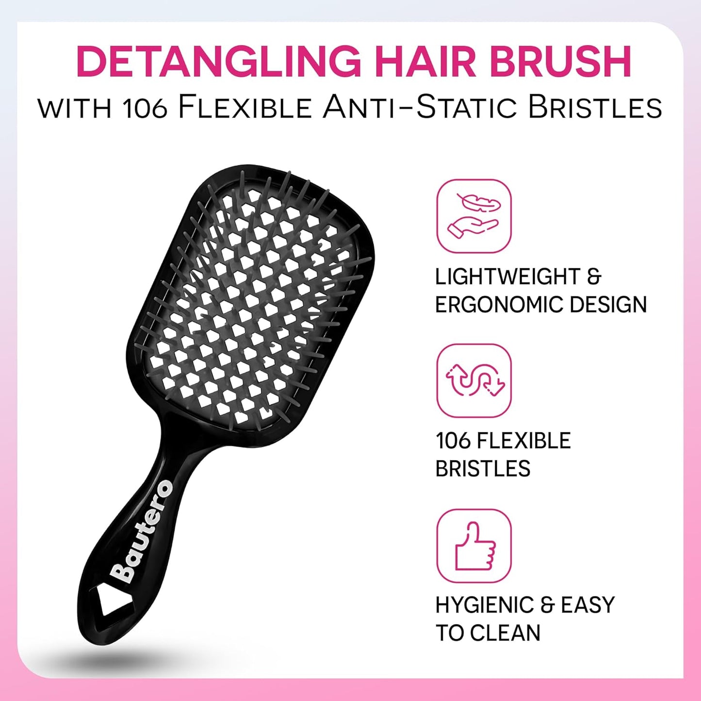 Detangling Hair Brush Juni Midnight with Anti-Static Bristles, Black, 8.9x3.15 Inch, 106 Flexible Bristles, Lightweight Ergonomic Design for Wet Dry Hair, Pain-Free Knot Removal