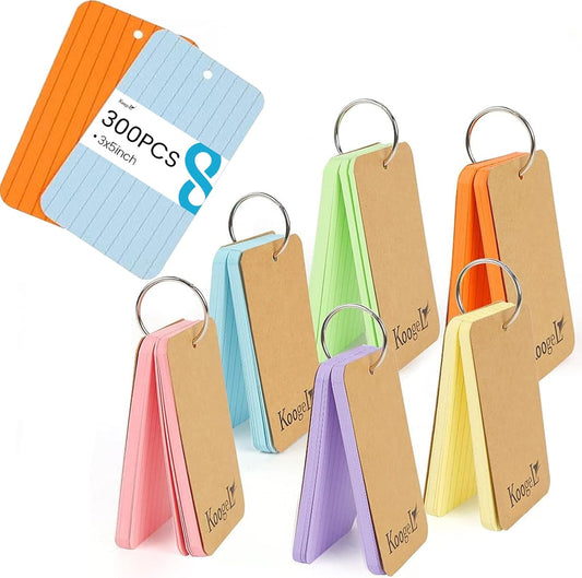 Koogel Index Cards 3x5 Inch with Ring, 300 Count, Colored Ruled Flash Cards for Studying, Heavyweight Lined Notecard for School Office Home Learning Memory Note Taking To Do List Supplies, 6 Colors