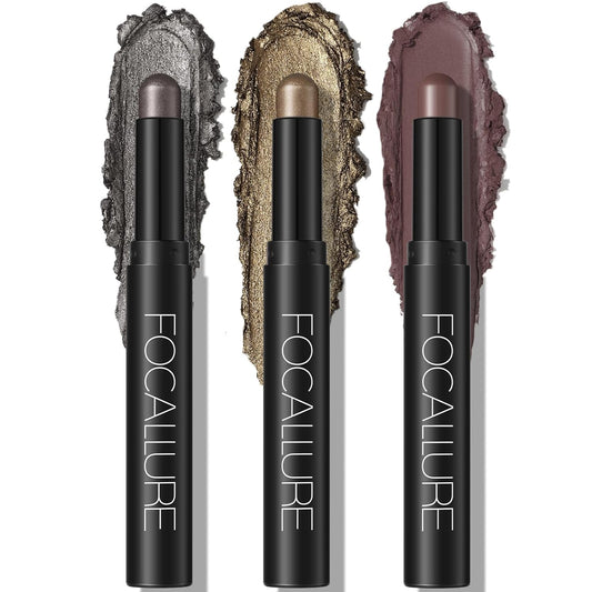 FOCALLURE 3PCS Cream Eyeshadow Stick Sets,Matte and Shimmer Eye Brightener, High Pigmented Crease-proof Pencil,Long Lasting Eye Shadow Highlighter Makeup,Buried Moonlight