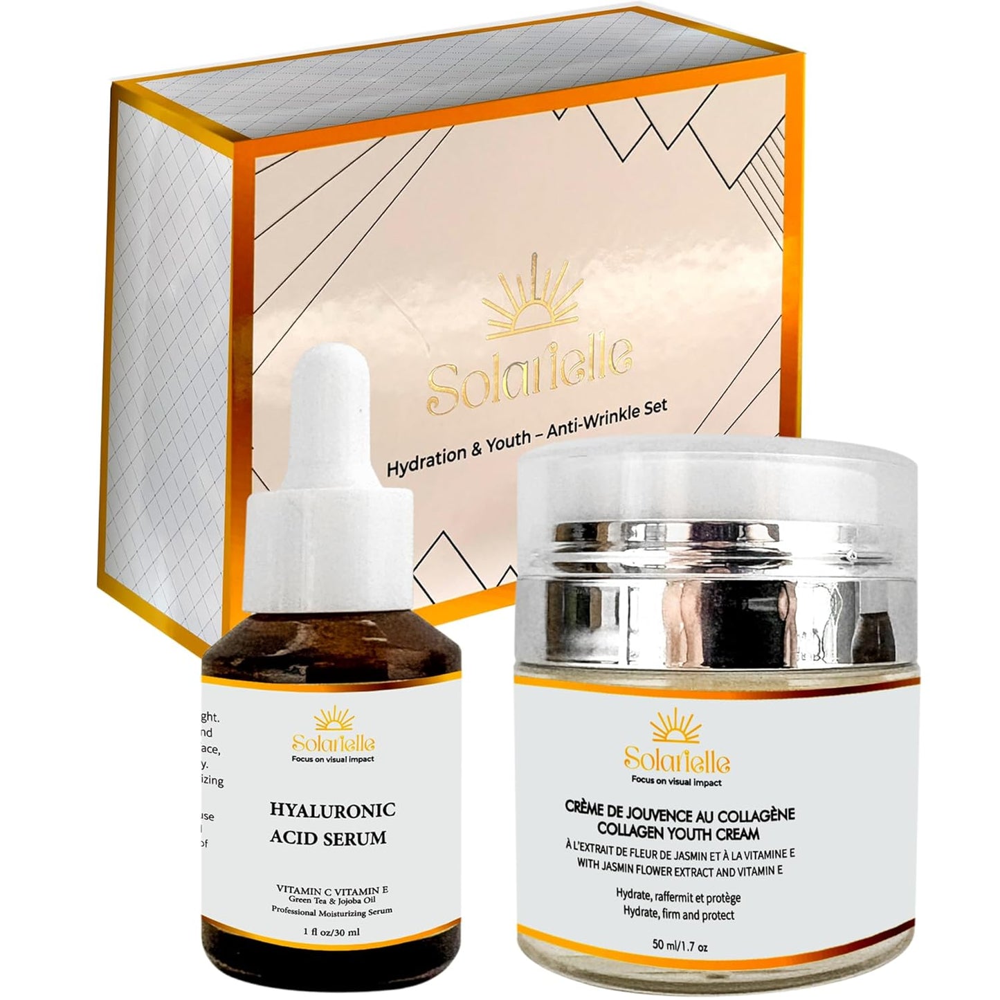 "SOLARIELLE Anti-Aging Skincare Set | Hyaluronic Acid Serum & Collagen Cream | Face & Neck Duo for Wrinkle Reduction | Natural Peptide Formula"