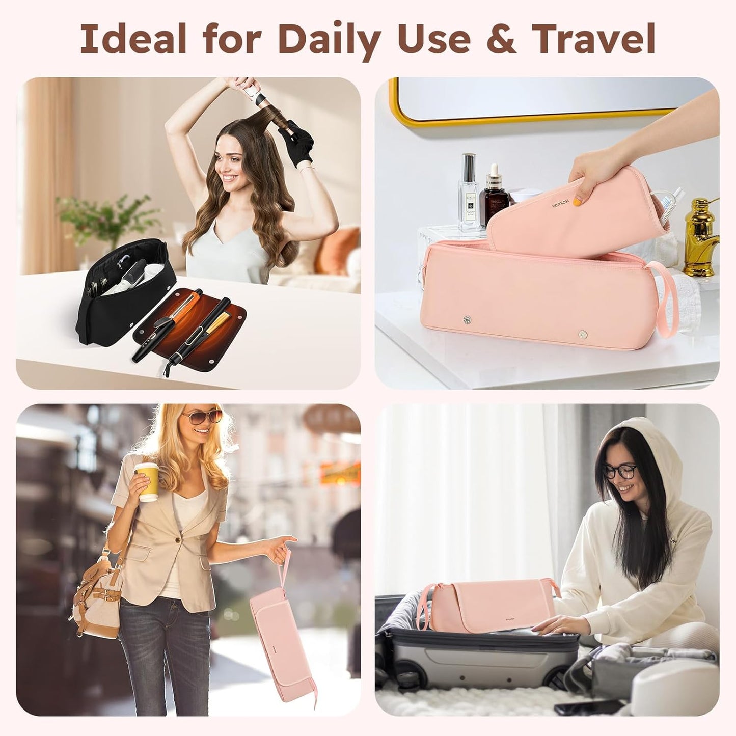 MOKURA Hot Hair Tools Travel Bag with Heat Resistant Mat, Women Hair Accessories Organizer Case, Storage Pouch for Curling Iron Straightener Flat Iron, Stocking Stuffers for Women, Gifts for Mom, Pink