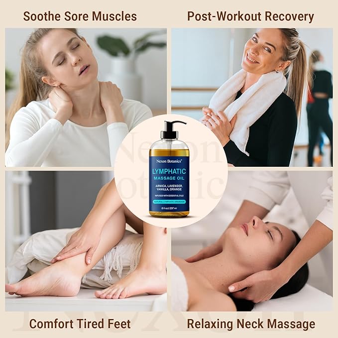 Lymphatic Drainage Massage Oil 8 fl oz - Facial Lymphatic Massage - Muscle Relief & Natural Detox - Arnica, Lavender, Vanilla & Orange - Nexon Botanics